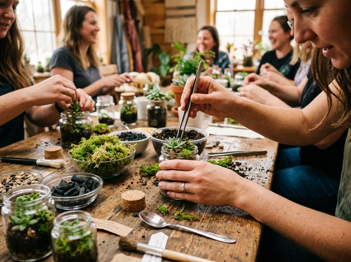 Close-up of hands working at a wooden workshop table, creating miniature terrariums together