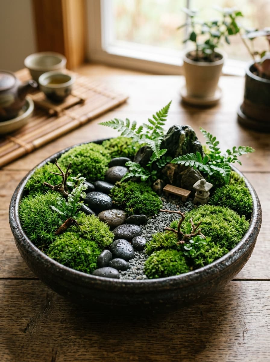 A sophisticated miniature Japanese moss landscape in a shallow dark ceramic bowl