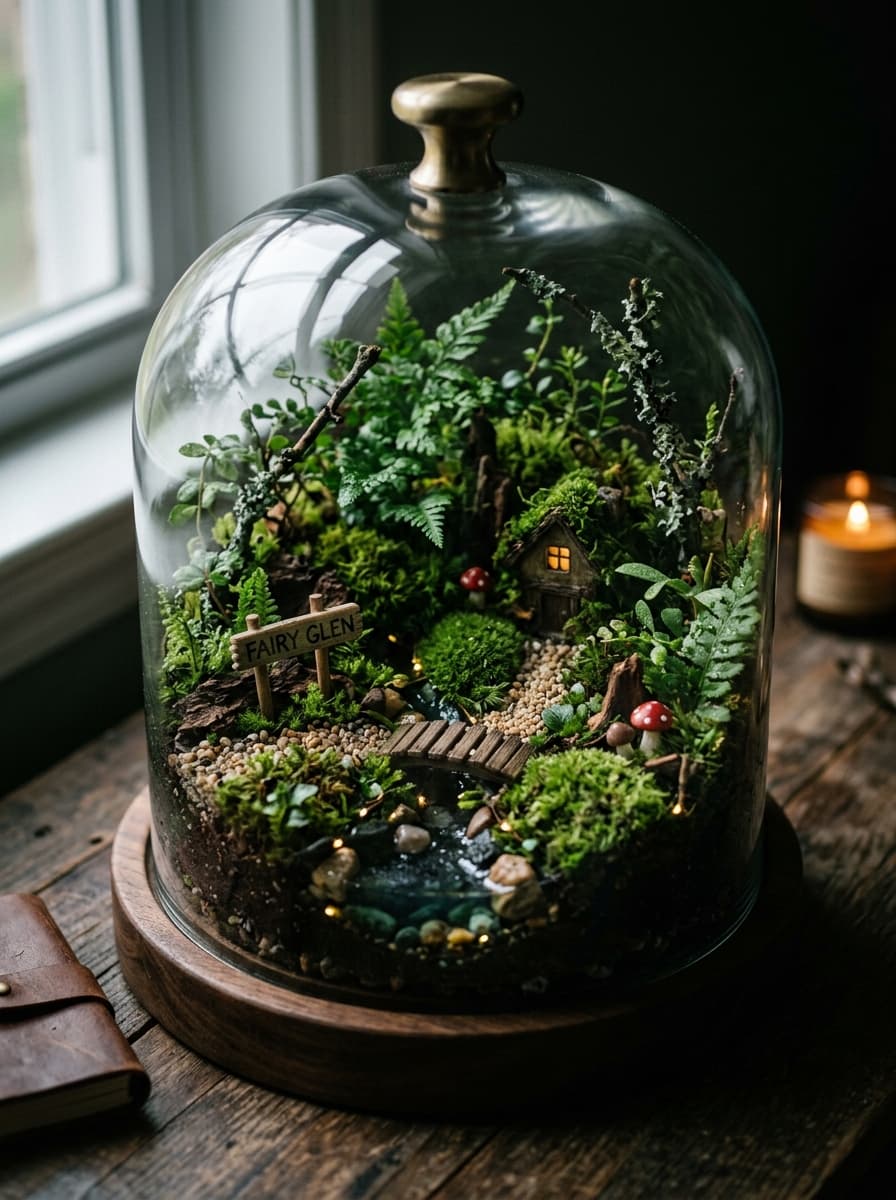 A beautiful close-up of a finished miniature forest terrarium in a premium glass cloche