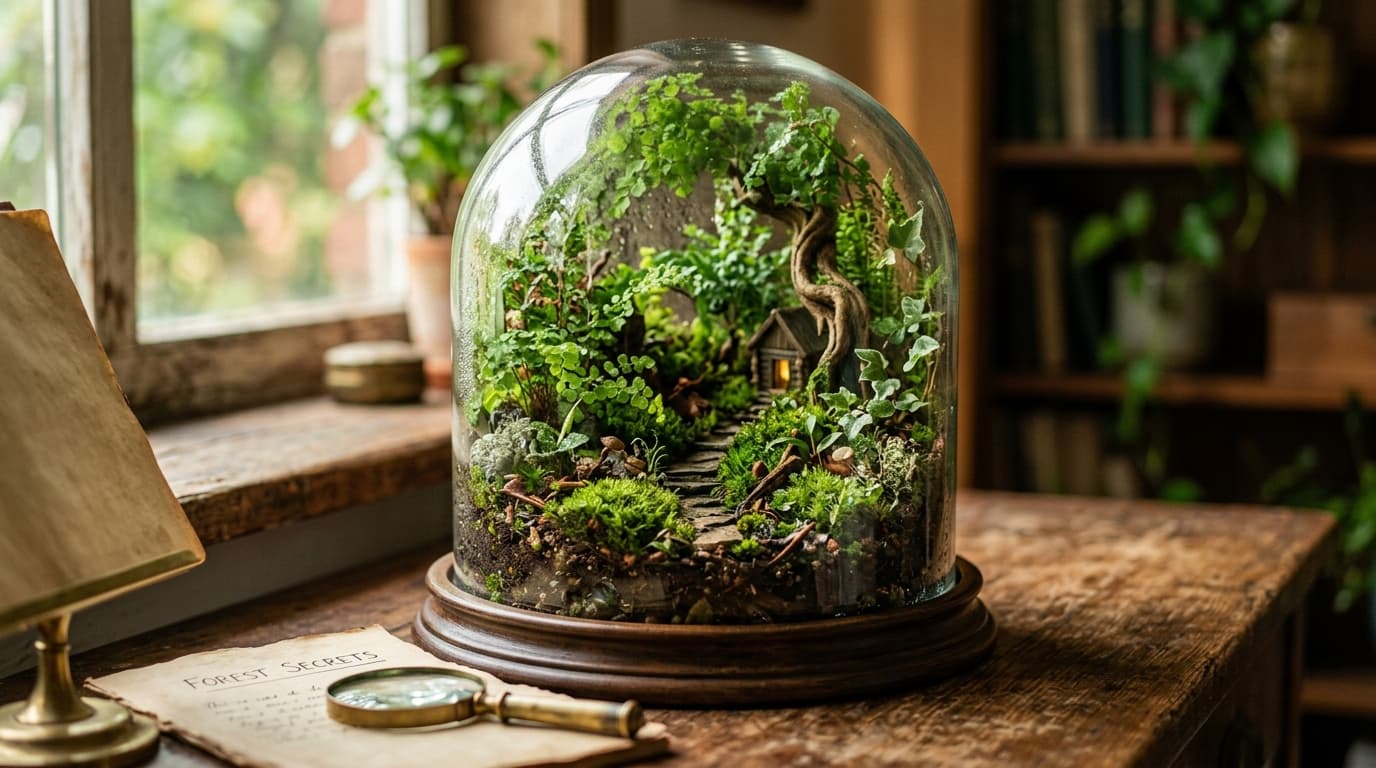 Lush miniature forest terrarium in a glass cloche