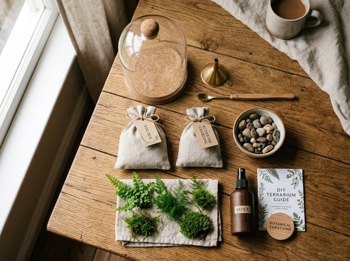 A beautiful flat lay of a premium DIY terrarium kit with glass cloche, soil, stones, and ferns on a rustic wooden table