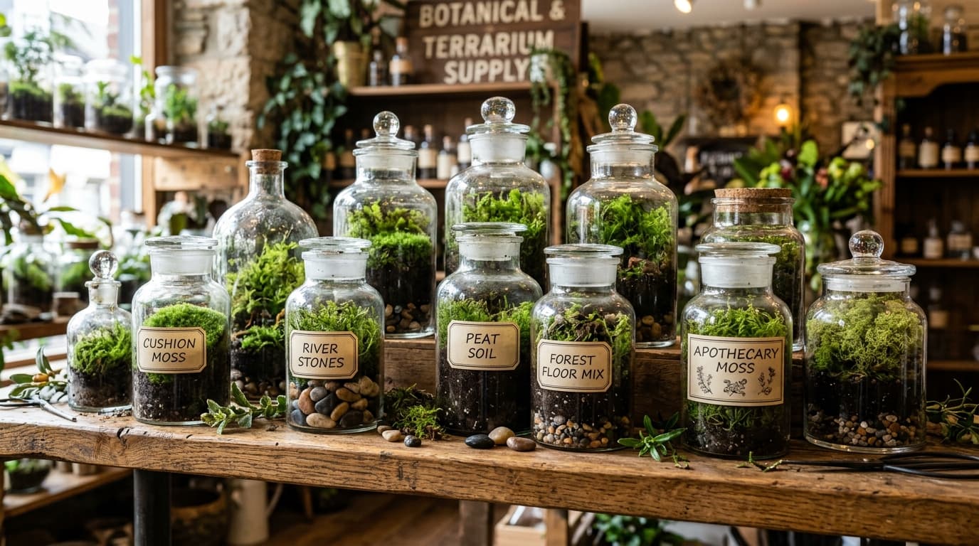 Elegant vintage glass apothecary jars filled with varieties of green moss, rich soil, and river stones on a wooden shelf