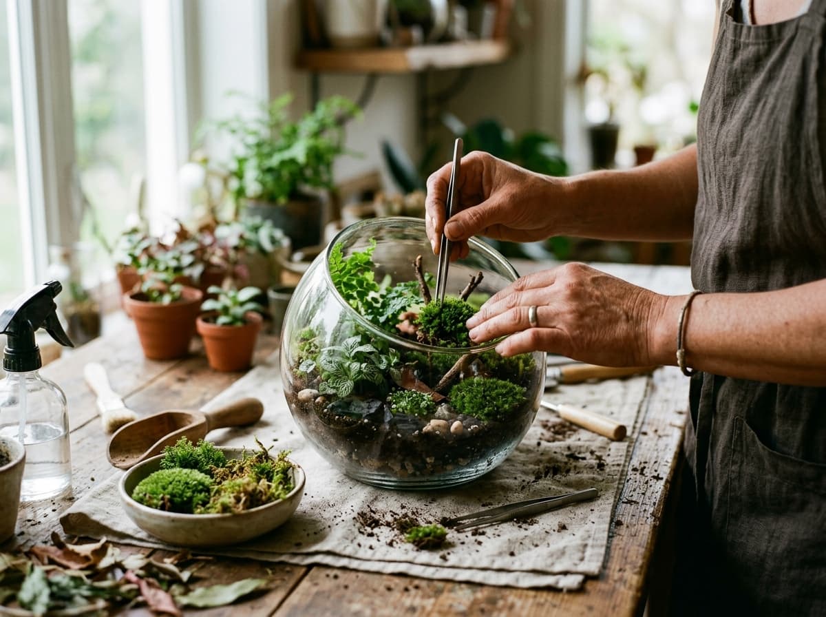 A maker's hands carefully arranging vibrant green moss inside a glass terrarium vessel on a rustic wooden workspace